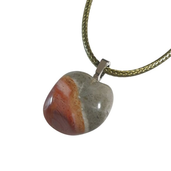 Polychrome Jasper Natural Polished Stone Pendant Necklace Leather Cord Green - Picture 1 of 5